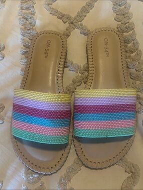 Multicolor Striped Slide Sandals - Pastel Rainbow